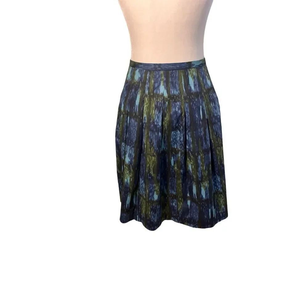 Talbots blue and green watercolor printed pleated cotton a-line skirt - 6P